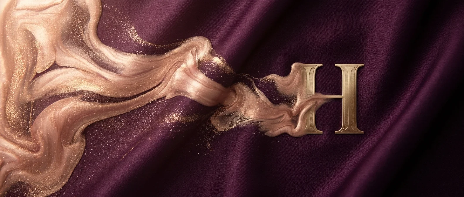 Harpreet Randhawa's monogram with gold marble and purple satin, representing international business relations at CAQA.
